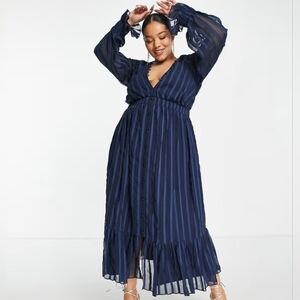 ASOS Curve Maternity Sz 12 Navy Satin Chiffon Sheer Striped Ruffles Midi Dress